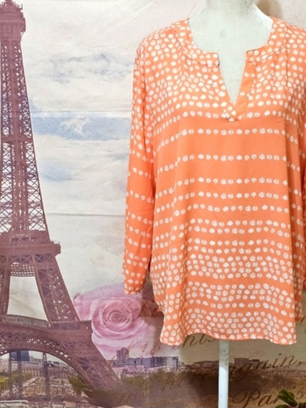 Cato Coral and White Dot-Stripe Split-Neck Blouse